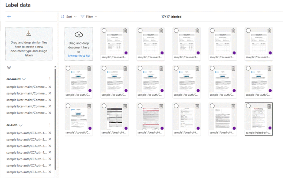 Snímek obrazovky s popisky modelu vlastní klasifikace v nástroji Document Intelligence Studio