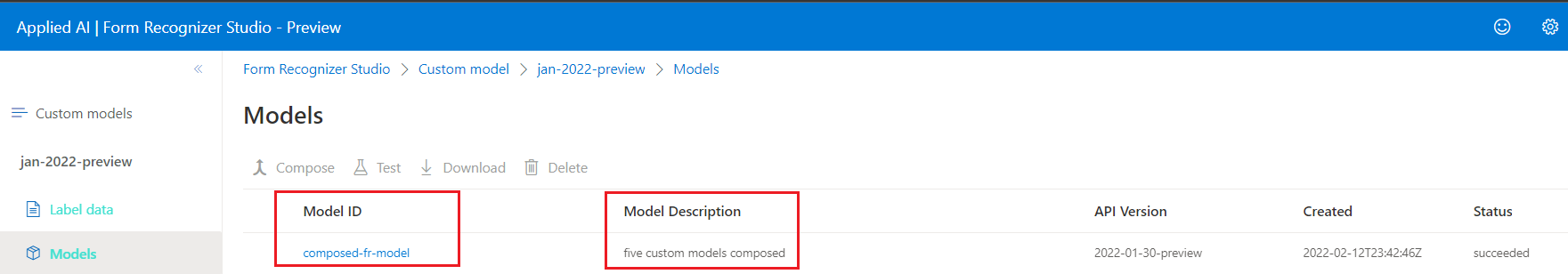 Snímek obrazovky s složeným ID modelu v nástroji Document Intelligence Studio