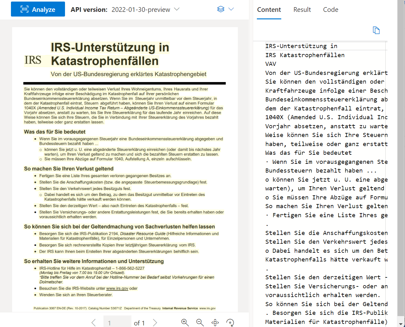 Snímek obrazovky s snímkem obrazovky s ukázkovým dokumentem zpracovaným pomocí nástroje Document Intelligence Studio read