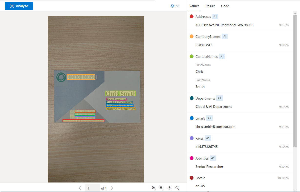 Snímek obrazovky s ukázkovou vizitkou analyzovanou v nástroji Document Intelligence Studio