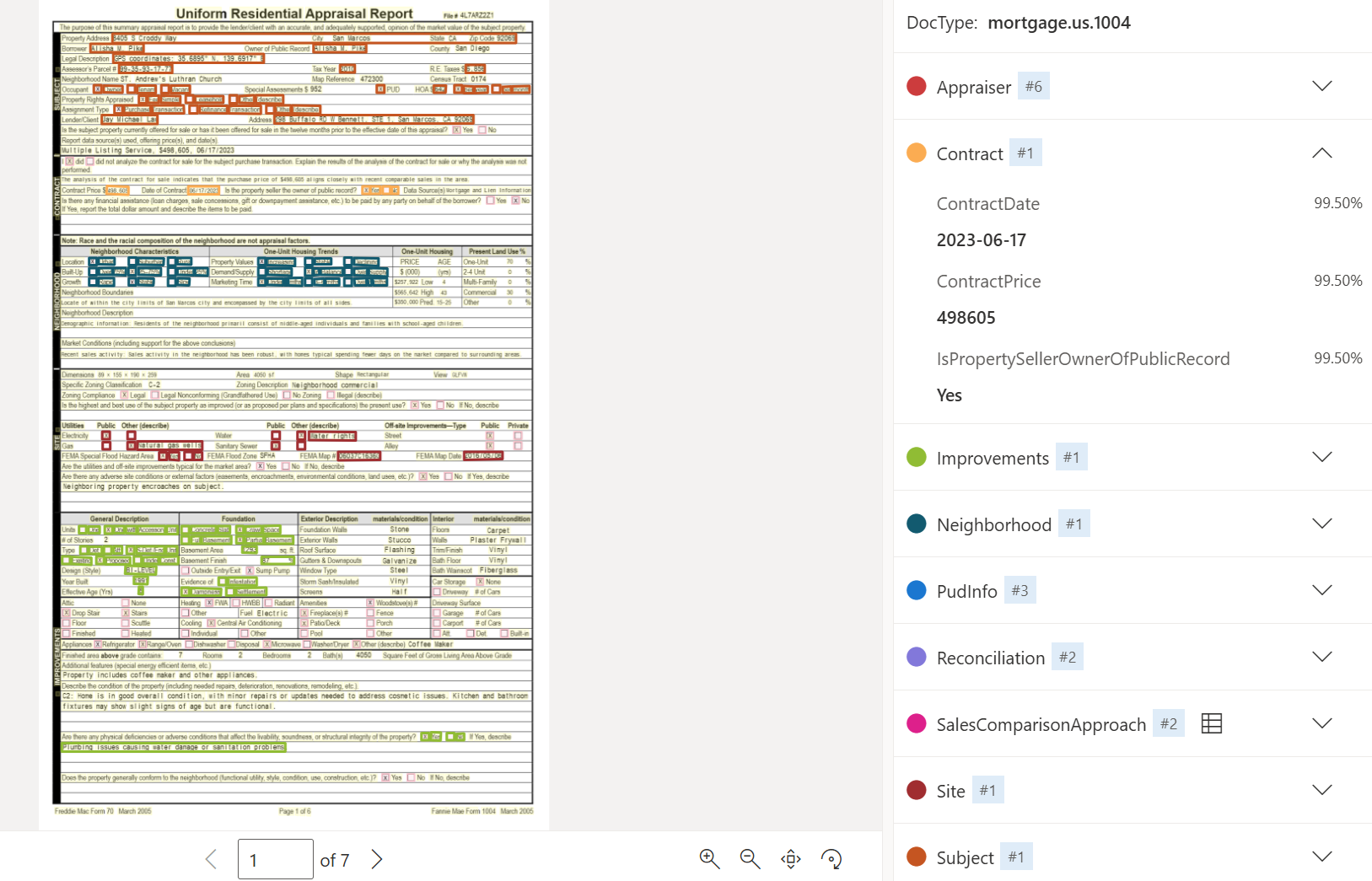 Snímek obrazovky s analýzou modelu modelu hypotéky USA 1004 pomocí nástroje Document Intelligence Studio