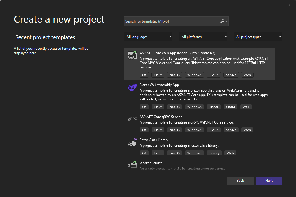 Snímek obrazovky sady Visual Studio pro vytvoření nového projektu