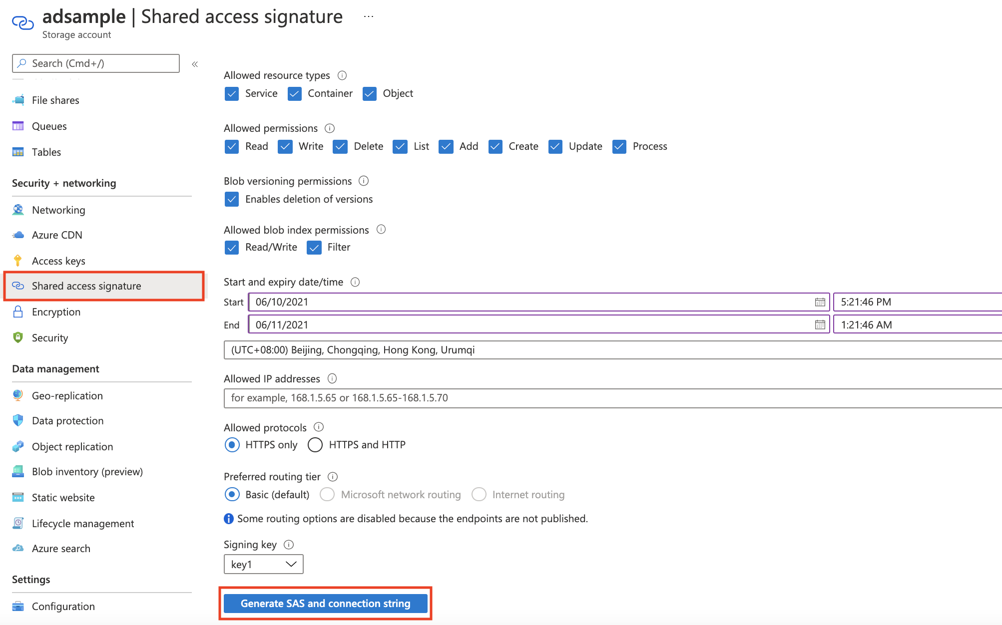 Snímek obrazovky, který ukazuje, jak vygenerovat sdílený přístupový podpis ve službě Azure Table Storage