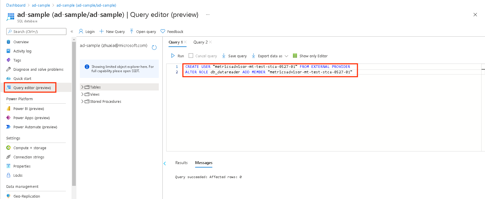 Snímek obrazovky znázorňující, jak upravit dotaz na webu Azure Portal