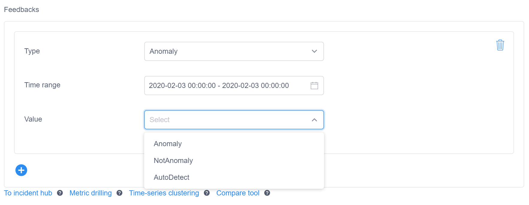 Rozevírací nabídka s volbami anomálií, NotAnomaly a Automatické rozpoznávání