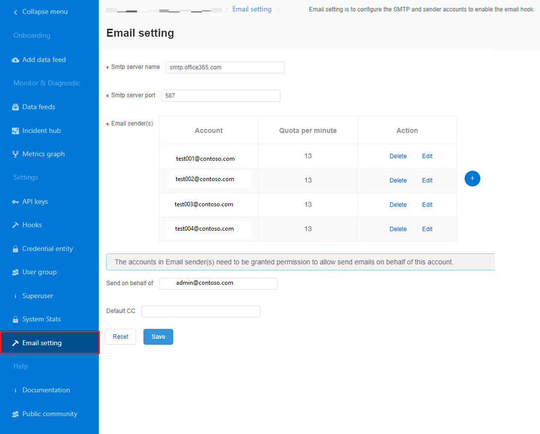 Snímek obrazovky znázorňující příklad nakonfigurovaného serveru SMTP