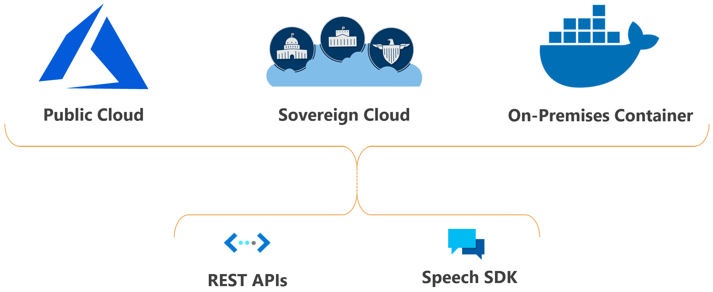 Diagram znázorňující, kde je možné službu Speech nasadit a získat k němu přístup