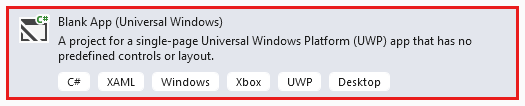 Snímek obrazovky znázorňující okno pro vytvoření nového projektu s vybranou prázdnou aplikací (Univerzální windows) a zvýrazněným tlačítkem Další