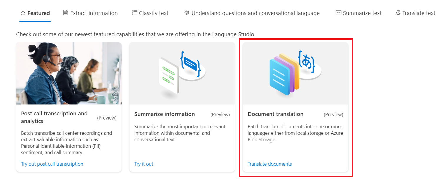 Snímek obrazovky s domovskou stránkou sady Language Studio