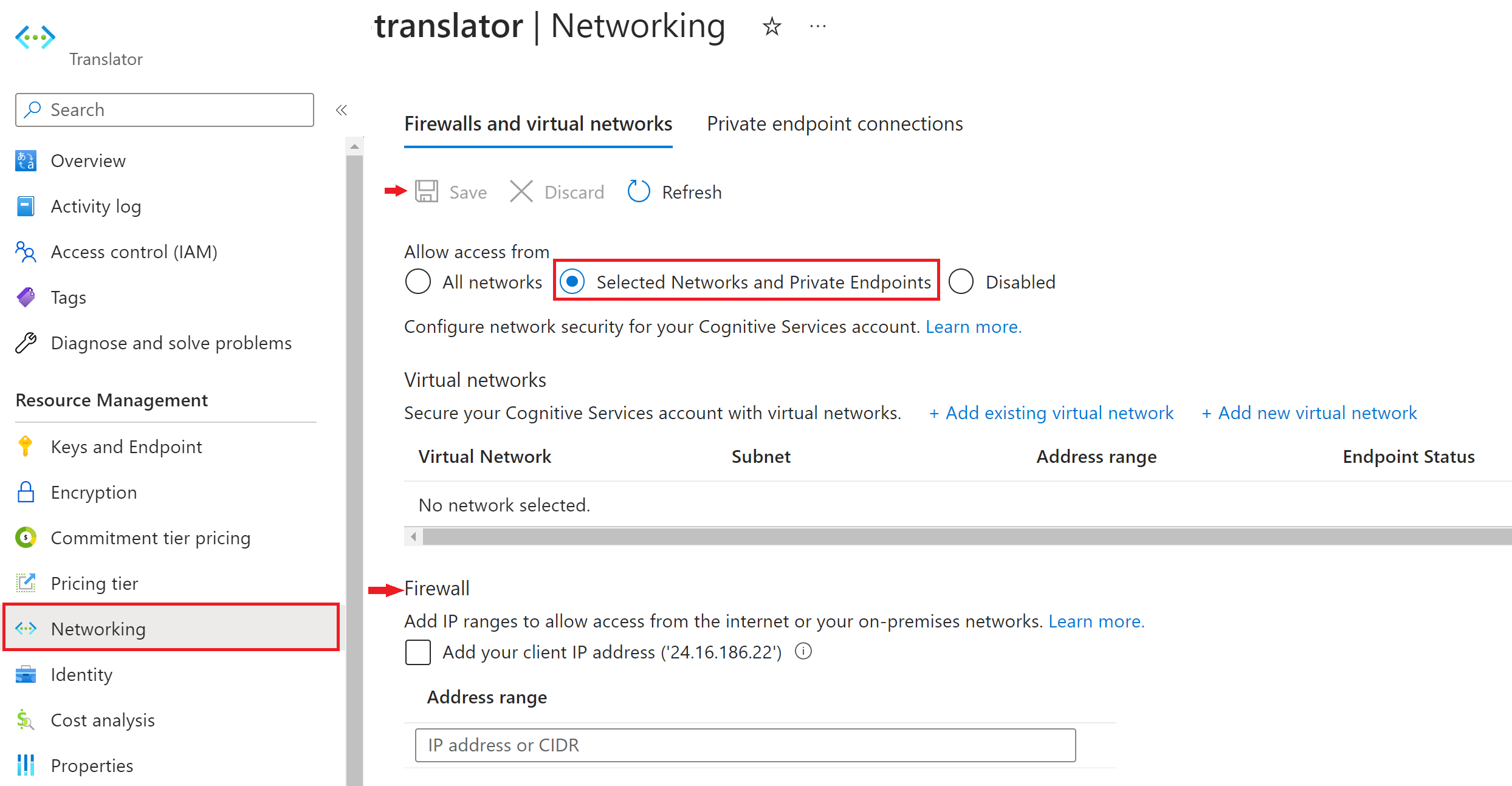 Snímek obrazovky s nastavením brány firewall na webu Azure Portal