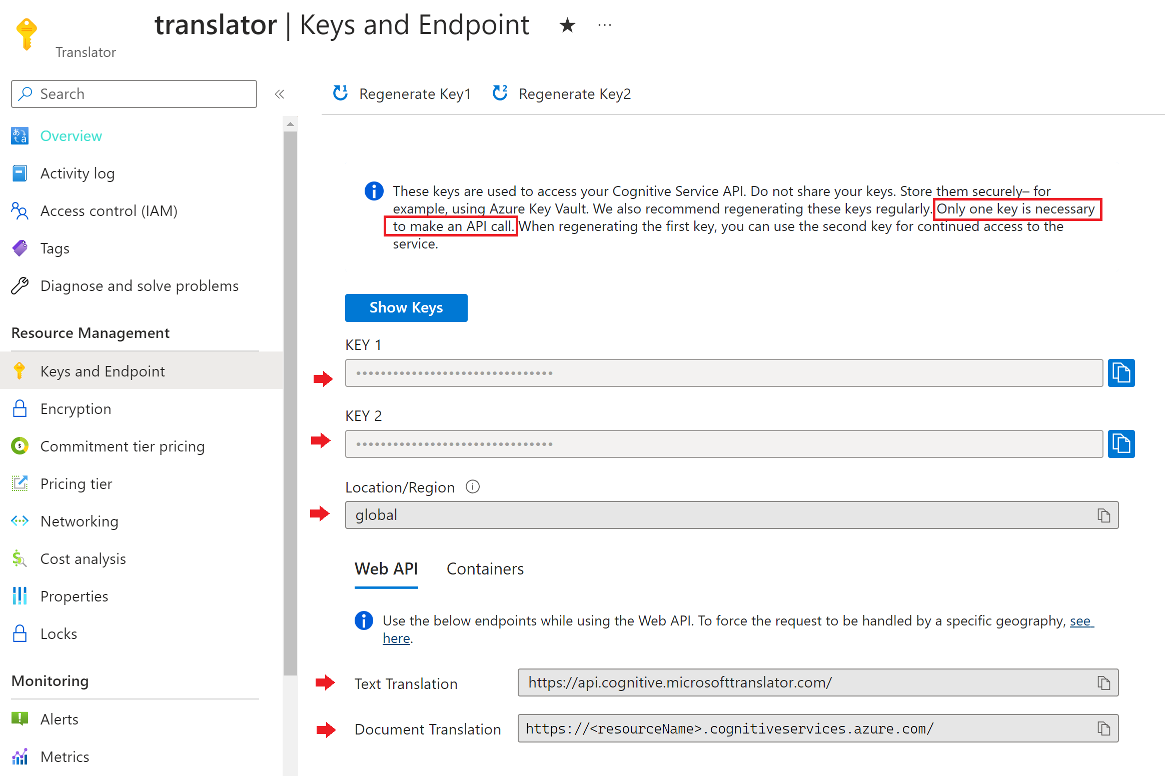 Snímek obrazovky s klíči a umístěním koncového bodu na webu Azure Portal