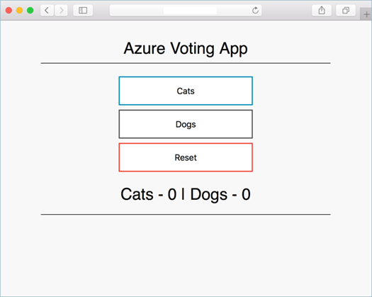 Snímek obrazovky domovské stránky aplikace Azure Voting App nasazené v clusteru Kubernetes v Azure