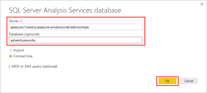 Zadání názvu serveru a modelové databáze