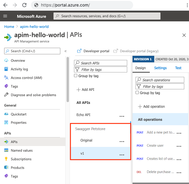 Snímek obrazovky zobrazující verze rozhraní API na webu Azure Portal