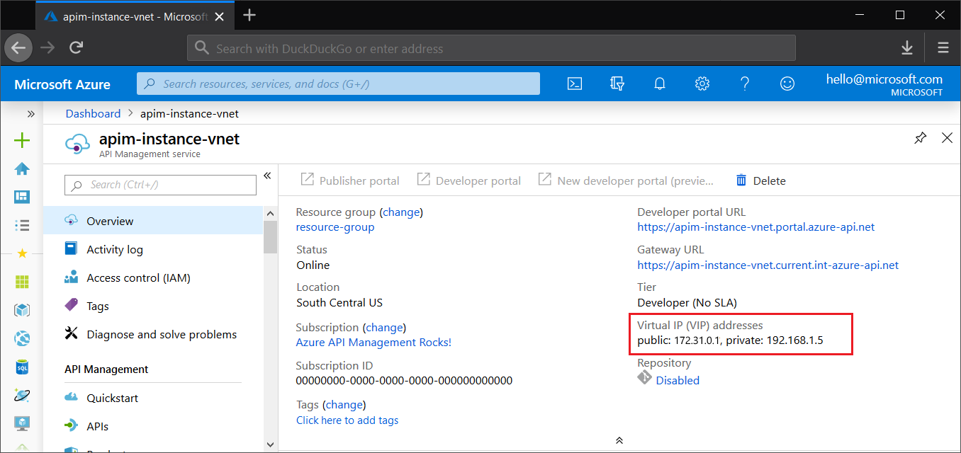 API Management v IP adrese virtuální sítě