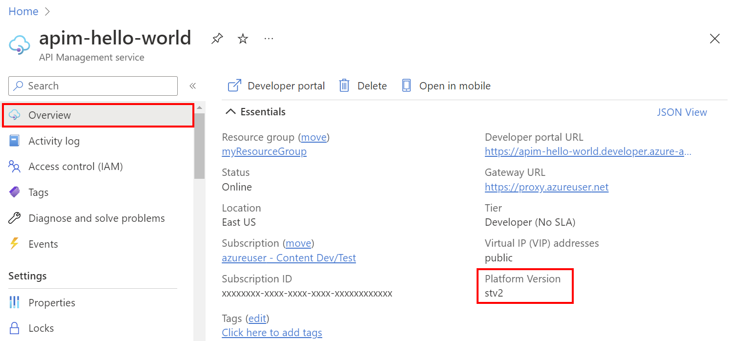 Snímek obrazovky s verzí platformy API Management na portálu