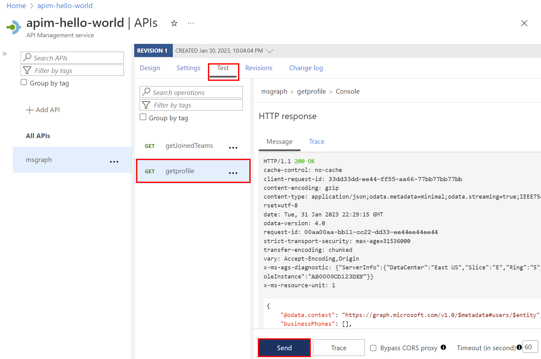 Snímek obrazovky s testováním rozhraní Graph API na portálu