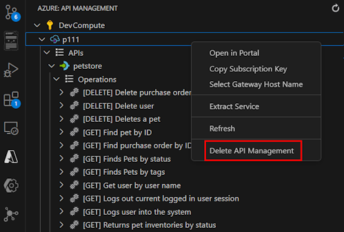 Snímek obrazovky s odstraněním instance služby API Management ze sady Visual Studio Code