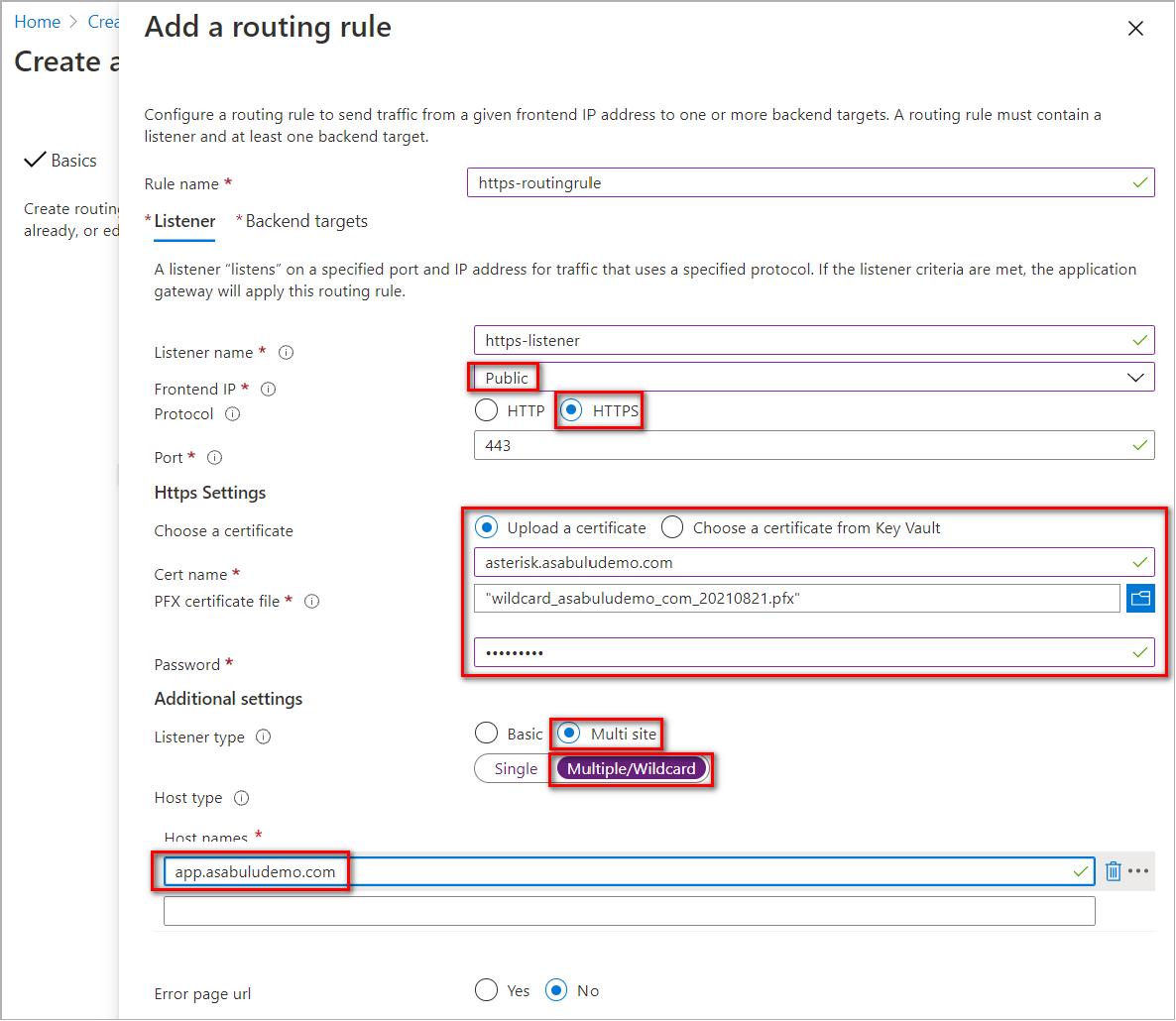 HTTPS listener of the application gateway Routing Rule.