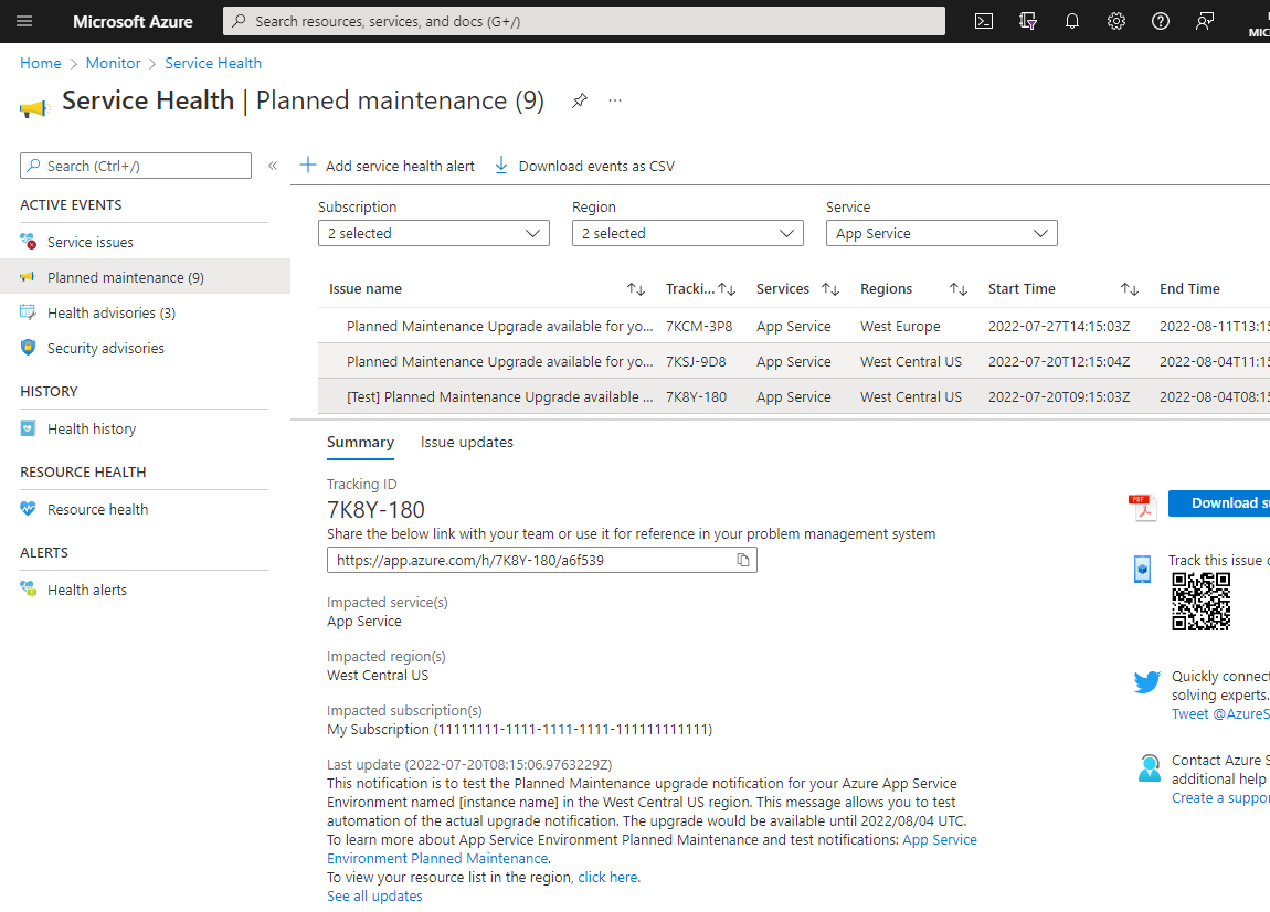 Snímek obrazovky řídicího panelu Service Health na webu Azure Portal