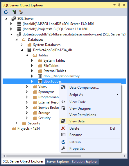 Zkoumání objektů služby SQL Database