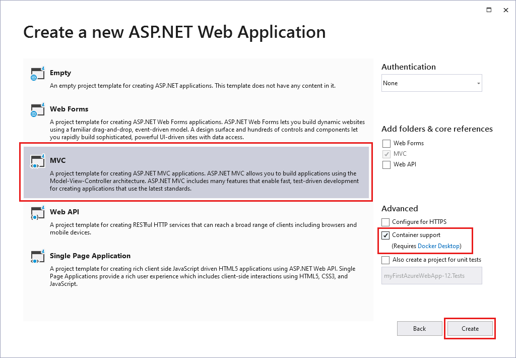 Snímek obrazovky s dialogovým oknem Vytvořit ASP.NET webovou aplikaci