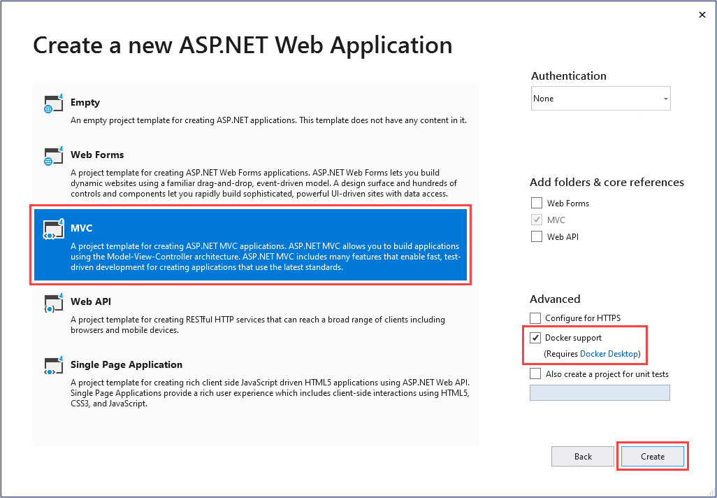 Snímek obrazovky s dialogovým oknem Vytvořit ASP.NET webovou aplikaci