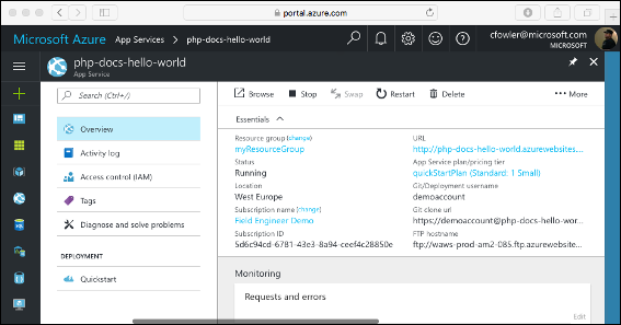 Stránka služby App Service na webu Azure Portal