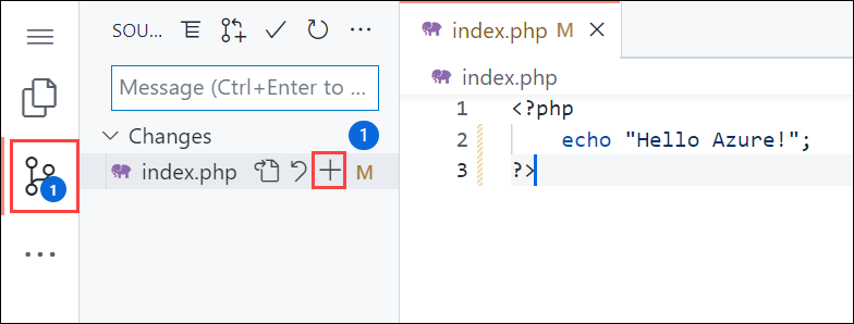 Snímek obrazovky editoru Visual Studio Code v prohlížeči se zvýrazněním navigace ve správě zdrojového kódu na bočním panelu a zvýrazněním tlačítka Změny fáze na panelu Správa zdrojového kódu