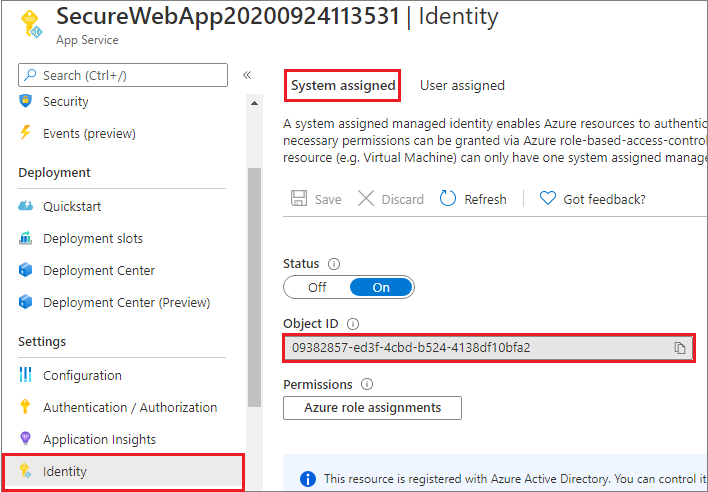 Snímek obrazovky znázorňující možnost identity přiřazené systémem