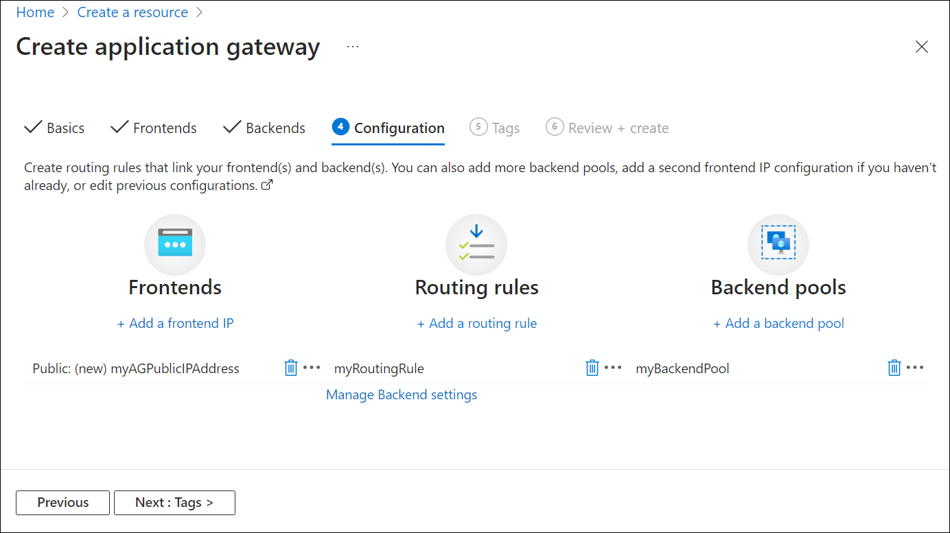 Snímek obrazovky s novou službou Application Gateway: dokončená karta konfigurace