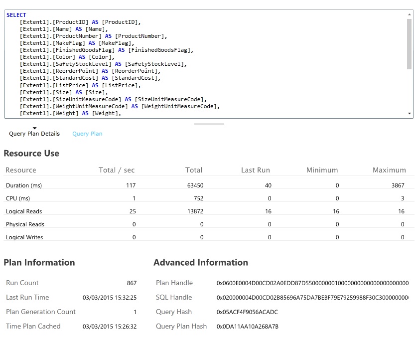 Podokno Podrobnosti dotazu na portálu pro správu Windows Azure SQL Database