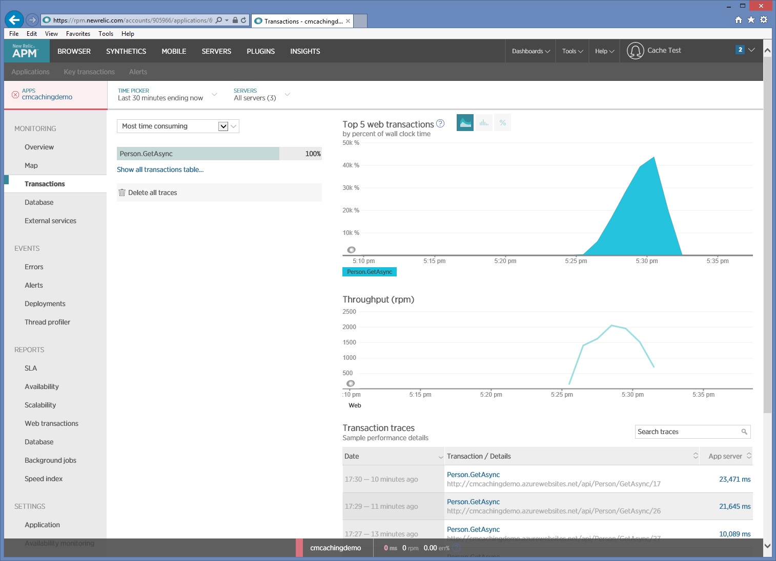 New Relic se zobrazením požadavků aplikace CachingDemo na server