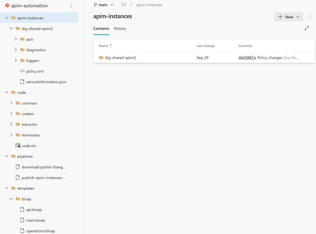 Snímek obrazovky s automatizací APIM, který zobrazuje apim-instance a hierarchii složek