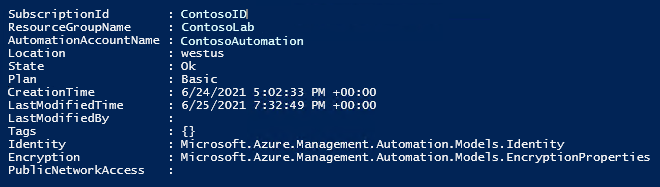 Výstup z rutiny Set-AzAutomationAccount