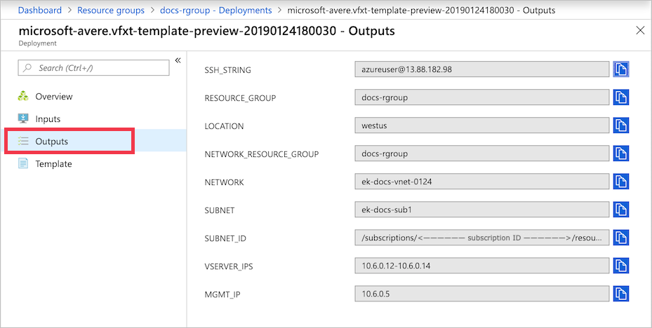 Výstupní stránka zobrazující hodnoty SSHSTRING, RESOURCE_GROUP, LOCATION, NETWORK_RESOURCE_GROUP, NETWORK, SUBNET, SUBNET_ID, VSERVER_IPs a MGMT_IP v polích napravo od popisků