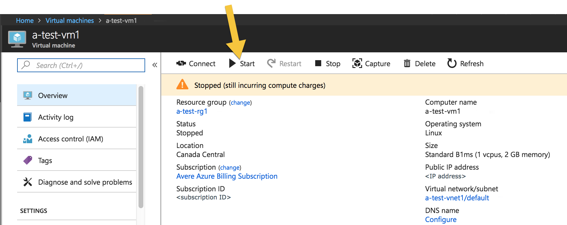 Azure portal screen showing the option to start a stopped vm