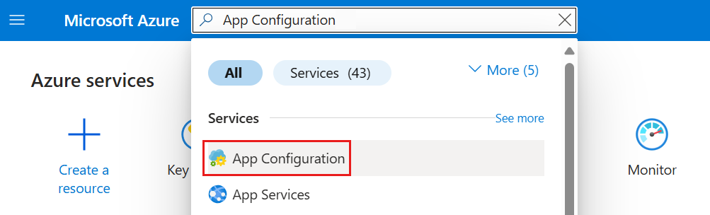 Snímek obrazovky webu Azure Portal se službou App Configuration service na panelu hledání