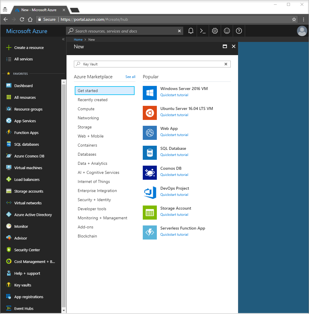 Snímek obrazovky znázorňující možnost Vytvořit prostředek na webu Azure Portal