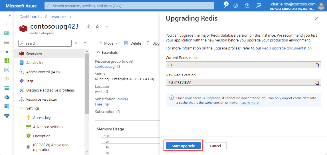 Snímek obrazovky znázorňující přehled vybraný v nabídce prostředků a podokně s názvem Upgrade Redis