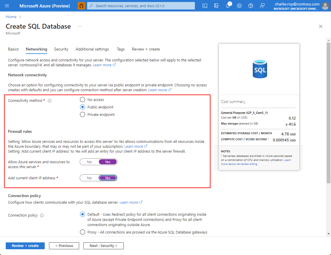 Snímek obrazovky s nastavením sítě pro prostředek Azure SQL