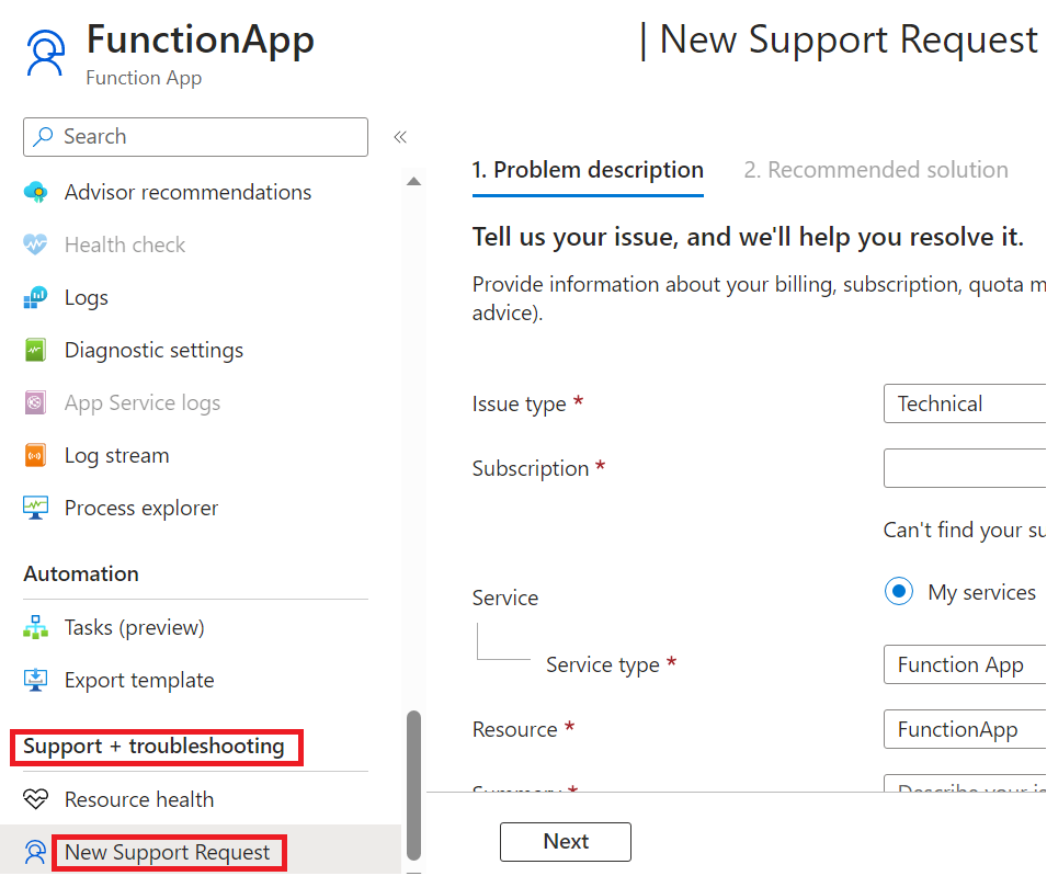 Snímek obrazovky se stránkou žádosti o podporu na webu Azure Portal