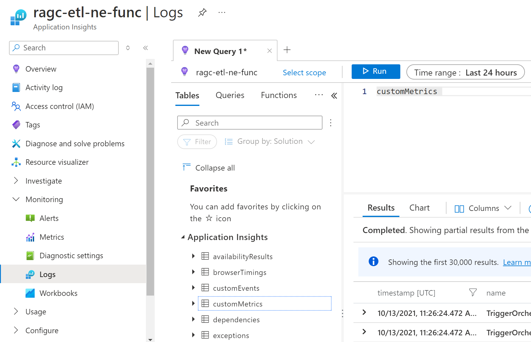 Snímek obrazovky znázorňující telemetrii Host.Aggregator v tabulce CustomMetrics Application Insights