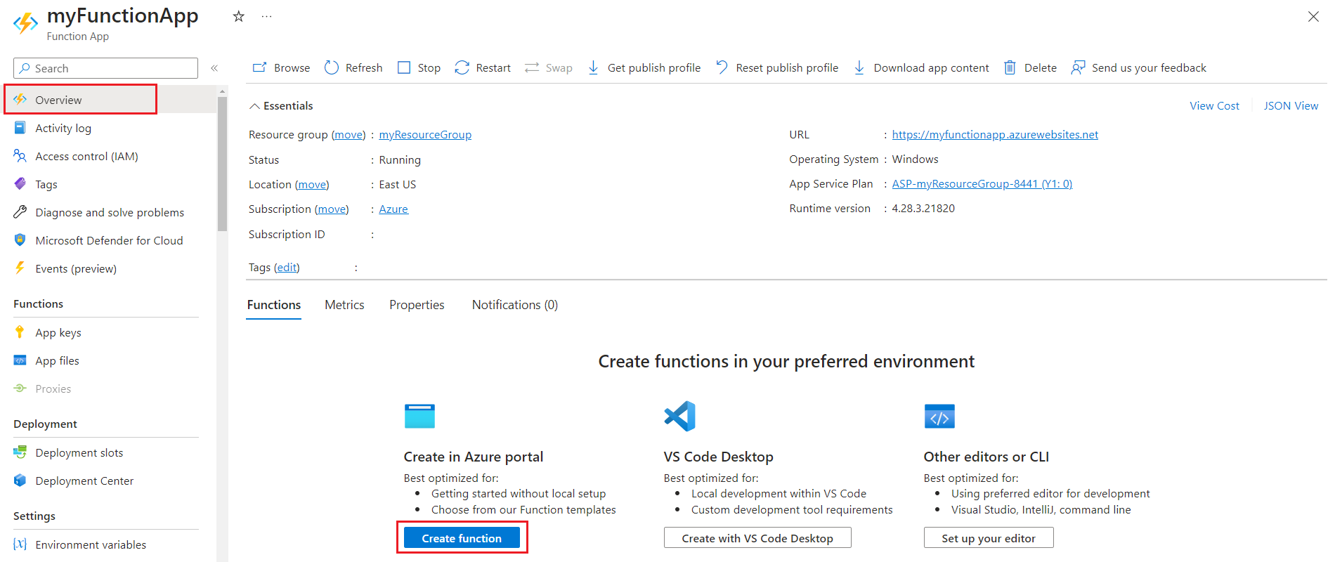 Snímek obrazovky s přidáním funkce na webu Azure Portal