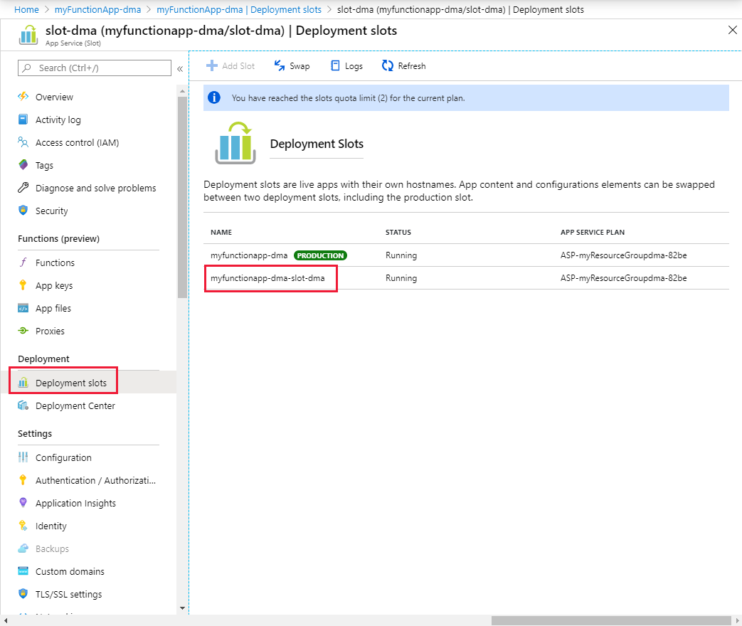 Najděte sloty na webu Azure Portal.