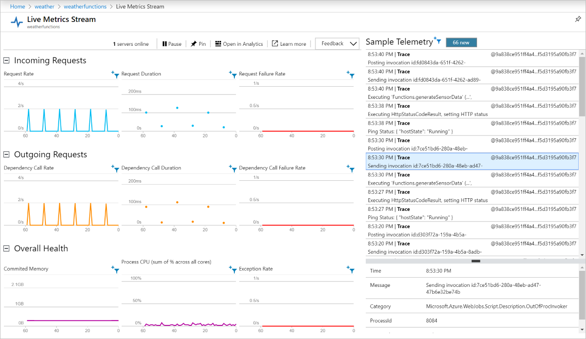 Stream živé metriky Application Insights