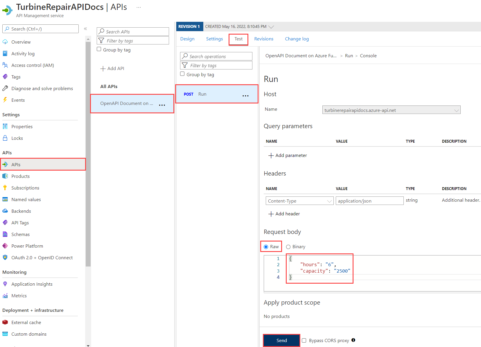 Testovací stránka OpenAPI v rozhraní API API Management