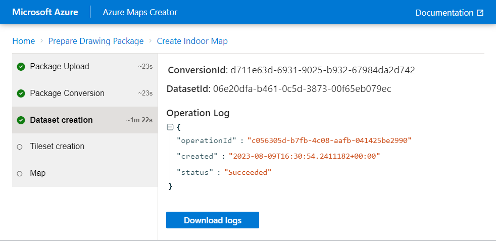 Snímek obrazovky s obrazovkou vytvoření datové sady nástroje pro onboarding Azure Maps Creator, včetně hodnoty ID datové sady