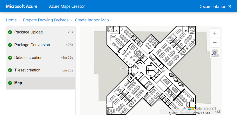 Snímek obrazovky s mapou nástroje pro onboarding Azure Maps Creator