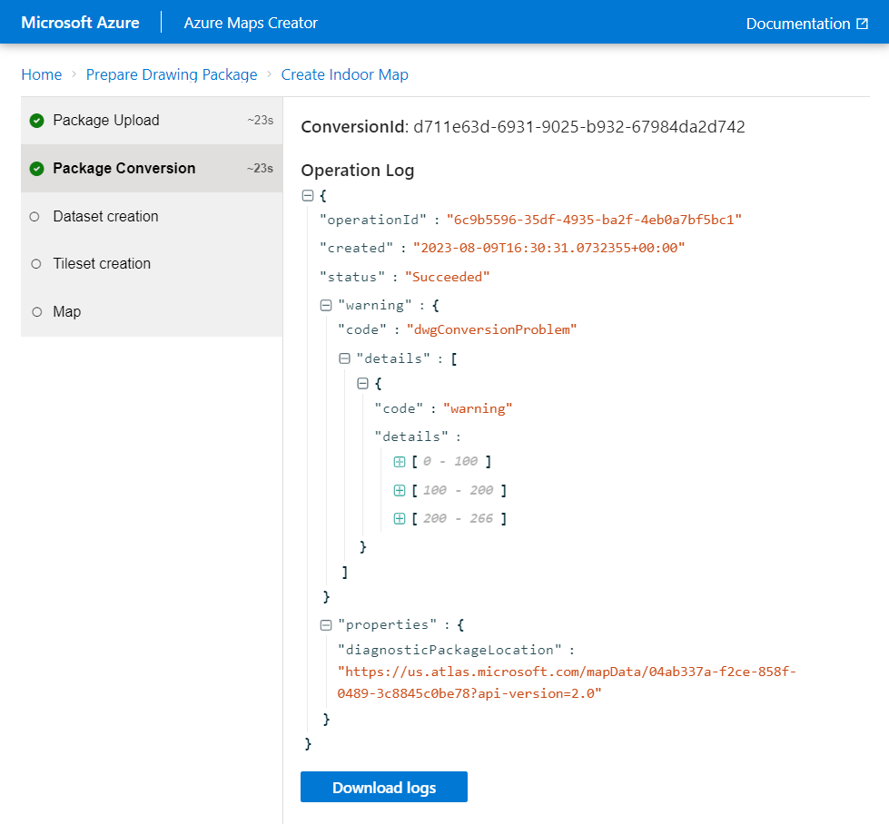 Snímek obrazovky s převodem balíčku nástroje pro onboarding Azure Maps Creator, včetně hodnoty ID převodu